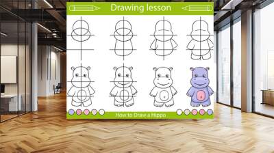 Drawing step by step. Lesson for kids. How to draw a cute hippo. Drawing tutorial. Children worksheet. Activity page for book. Vector illustration a hippopotamus. Wall mural