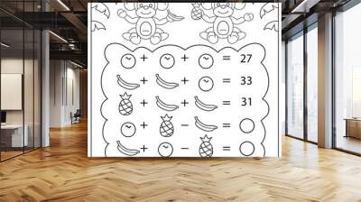 Kids education game. Worksheet and activity page with cute monkeys. Children mathematic riddle. Vector illustration. Wall mural