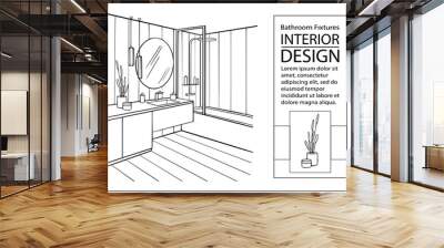 Sketch interior bathroom with closet. Line drawing modern design home interior. Vector illustration washbasin, bath, mirror, tiles, lighting. Wall mural