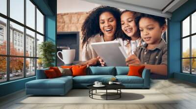 Happy, streaming and a family with a tablet in a house for communication, cartoon or games. Website, education and children, mother and technology for online reading, movie or a meme on the internet Wall mural