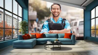 Security guard, safety officer and happy portrait of man outdoor to patrol, safeguard and watch. Professional Asian male on city street for crime prevention, law enforcement and service with a smile Wall mural