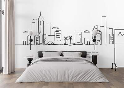 Cityscape line design. Beautiful city view. Decorative elements drawn one continuous line. Vector illustration of minimalist style on white background. Wall mural