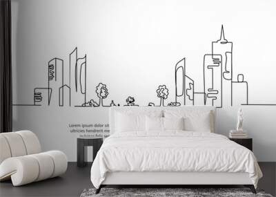 Cityscape line design. Beautiful green city view. Decorative elements drawn one continuous line. Vector illustration of minimalist style on white background. Wall mural