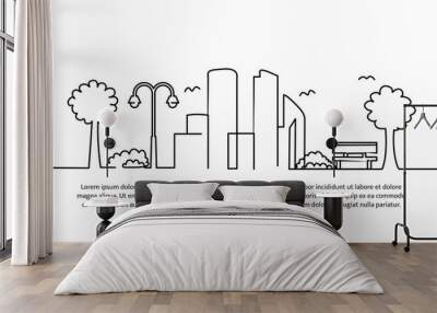 Continuous line design of city view and trees. A friendly urban garden design concept. Decorative elements drawn on a white background. Wall mural