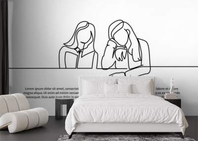 Continuous line design of two sad looking girls. Tired, bored and mental problem design concept. Decorative elements drawn on a white background. Wall mural