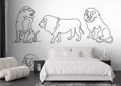 Set of lion line design. Wildlife decorative elements drawn with one continuous line. Vector illustration of minimalist style on white background. Wall mural