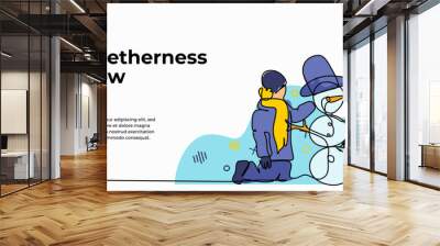 Vector illustration of two children make creations from snow. Modern flat in continuous line style. Wall mural