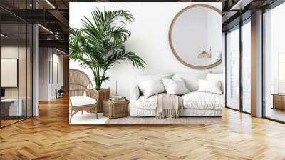 A bright and airy living room with white furniture, large green indoor plants, and a round mirror, creating a fresh and inviting space. Wall mural