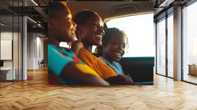 A family enjoying a road trip, with three children laughing together in the back seat, representing togetherness and joyful moments. Wall mural