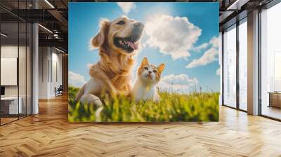 A golden retriever and a kitten sitting together on a grassy field under a bright blue sky, symbolizing friendship and harmony between different animals. Wall mural