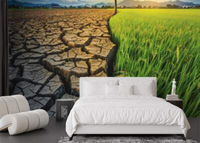 A lone tree standing between cracked, dry soil and lush green field, illustrating the contrast of drought and fertile land. Wall mural