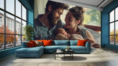 A loving couple holding their newborn baby by a window, capturing a tender family moment filled with warmth and joy. Wall mural