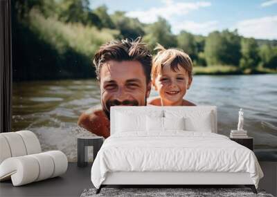 A man and a boy are in the water, smiling and enjoying themselves Wall mural