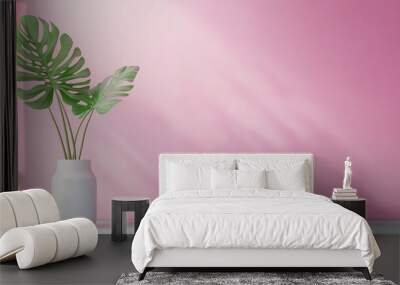 A minimalist pink background with a white vase holding two green monstera leaves, casting soft shadows. The composition is simple and elegant, perfect for modern decor themes. Wall mural