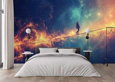 A person is walking on a tightrope in space Wall mural