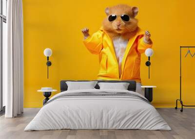 A red-haired hamster is dancing, dressed in a stylish yellow jacket on a yellow background. A hamster in black sunglasses is enjoying life. Positive emotions, joy, humor. Wall mural