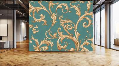 A seamless ornate pattern with golden floral swirls on a teal background, exhibiting a luxurious and elegant style, perfect for classic interior designs. Wall mural