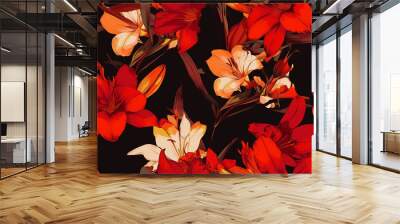 A seamless pattern of bold red and white lilies on a dark background, creating a striking and dramatic floral design. Wall mural