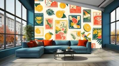 A seamless pattern with colorful stamps and citrus fruits like lemons and oranges on a light background. Wall mural