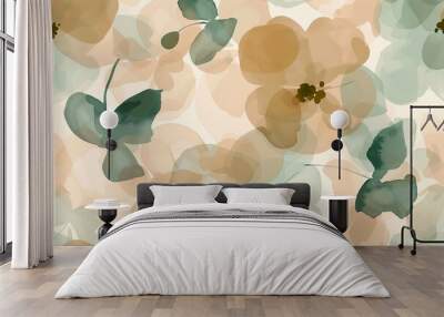 A seamless pattern with soft, pastel-colored flowers and leaves, creating a delicate and airy feel. Wall mural