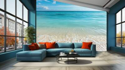 A serene beach with clear turquoise waters gently lapping onto white sandy shores under a bright blue sky, perfect for relaxation and escape. Wall mural