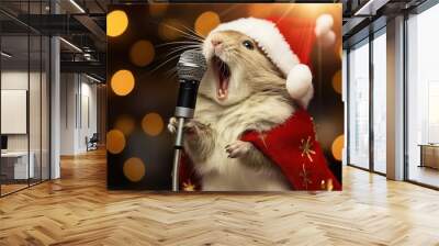 A small animal in Santa Claus clothes sings into a microphone on a Christmas, festive background. Wall mural