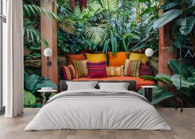 A vibrant indoor garden with a colorful cushioned bench surrounded by lush greenery, offering a tropical retreat. Wall mural