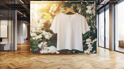 A white t-shirt hanging outdoors among white flowers, suggesting freshness, simplicity, and natural beauty. Wall mural