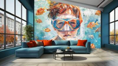 A young boy is wearing a snorkel and goggles Wall mural