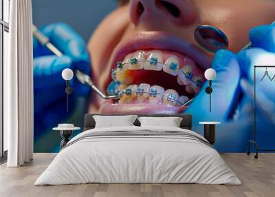 Close-up of a dental examination with braces on teeth. The dentist's gloved hands and tools are visible, highlighting the orthodontic care Wall mural