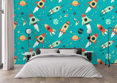 Colorful rockets and planets on a turquoise background create a seamless pattern, perfect for fun and adventurous space-themed children's decoration. Wall mural