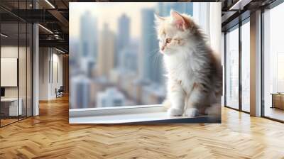 Cute pedigree kitten sitting on windowsill Wall mural