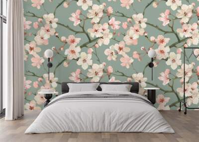 Delicate cherry blossom pattern with light pink flowers on a green background, seamless design perfect for spring decoration and floral tile ornaments Wall mural