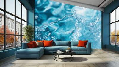 Dynamic splash of blue water frozen in motion. The image captures the intricacies of water droplets and ripples, emphasizing the freshness and energy of the liquid. Ideal for nature or freshness theme Wall mural