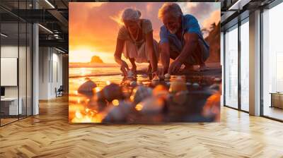 Elderly couple collecting seashells on the beach at sunset, capturing a moment of happiness and togetherness. The warm colors and serene atmosphere emphasize the beauty of nature and love. Wall mural