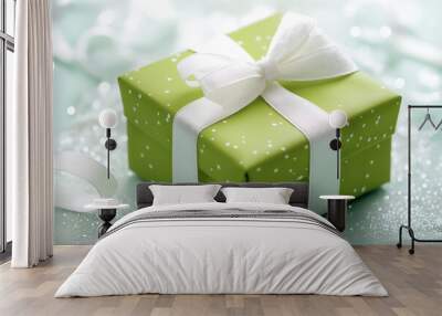 Green gift box with white polka dots and a white ribbon bow, beautifully wrapped for a special occasion. The background features glittering bokeh lights creating a festive atmosphere. Wall mural