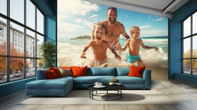 Happy dad playing with his kids in the sea in sea water on background Wall mural