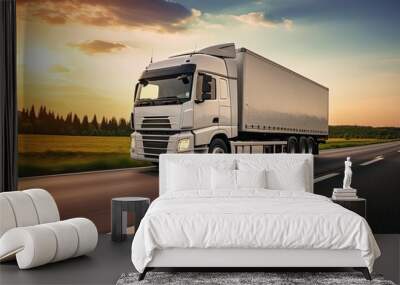 Long-distance heavy truck in motion, at speed on highway on the background of landscape of beautiful, summer nature and nature in the evening on a sunny early evening. Wall mural