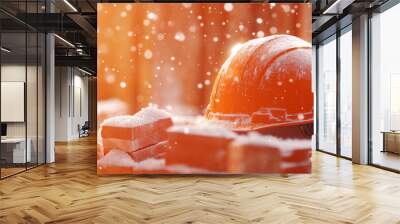 Orange construction helmet covered in snow on a brick background, symbolizing hard work in cold winter conditions. Winter construction and safety concept with space for copy. Wall mural