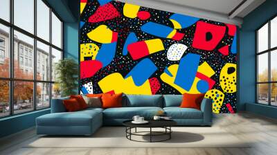 Playful and chaotic seamless pattern with colorful shapes on a black background. The vibrant and energetic design is perfect for bold, creative projects with a youthful spirit. Wall mural