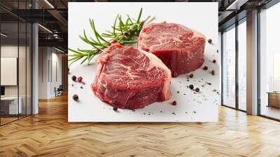 Raw beef steaks seasoned with herbs and spices, ready for cooking. Represents quality meat, culinary preparation, and gourmet cooking. Wall mural