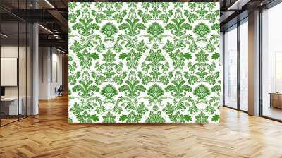 Seamless green floral pattern with intricate ornamental designs on a white background, perfect for decoration, tile, and ornamental purposes Wall mural