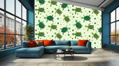 Seamless pattern featuring cute sea turtles and stars in green hues, ideal for children's room decoration and playful designs. Tile ornament on a light green background. Wall mural