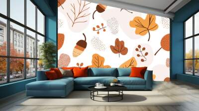 Seamless pattern with autumn leaves, acorns, and branches in warm orange, brown, and beige tones. Perfect for seasonal designs, textiles, and backgrounds. Wall mural