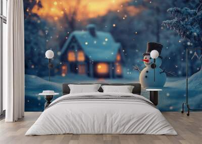 Snowman standing in a snowy landscape with a cozy house in the background during twilight, surrounded by falling snowflakes and warm lights. Festive winter scene with a friendly snowman. Wall mural