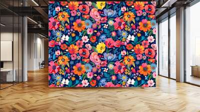 Vibrant floral seamless pattern with colorful flowers on a dark background, ideal for summer decor and tile designs Wall mural