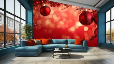 Vibrant red Christmas ornaments hanging from a snow-dusted tree branch against a red bokeh background. The image is festive and warm, perfect for holiday-themed designs and promotions. Wall mural