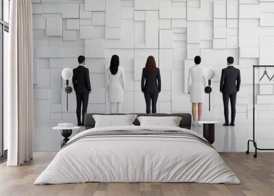 A group of business people in black and white attire standing against an abstract white wall, symbolizing corporate professionalism and teamwork Wall mural