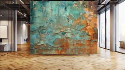 Rusty metal surface with cracked green paint, abstract rusty metal or wood texture,  wall background for design with copy space, corrosion. illustration generated with ai Wall mural