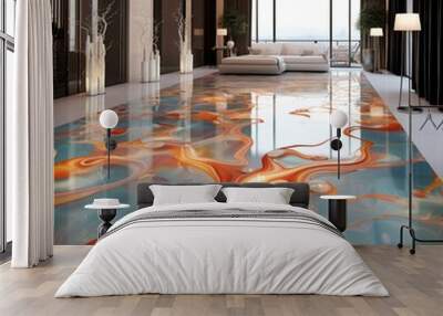 Spacious luxury living room with floor covered by epoxy resin floor looks like marble Wall mural